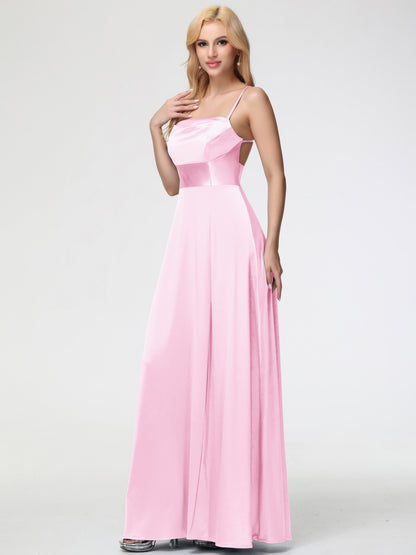 Black Satin Bridesmaid Dresses Charming Spaghetti Straps A Line Stretch Satin Bridesmaid Dress With Slit