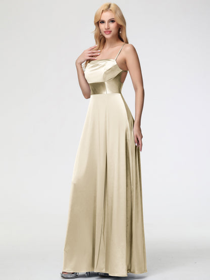 Bridesmaid Dress Champagne Charming Spaghetti Straps A Line Stretch Satin Bridesmaid Dress With Slit