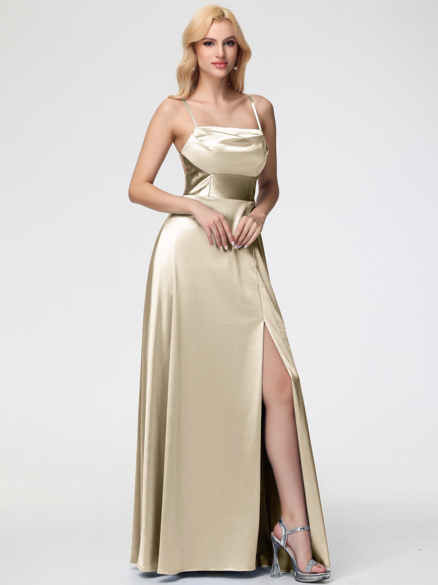 Bridesmaid Dress Champagne Charming Spaghetti Straps A Line Stretch Satin Bridesmaid Dress With Slit