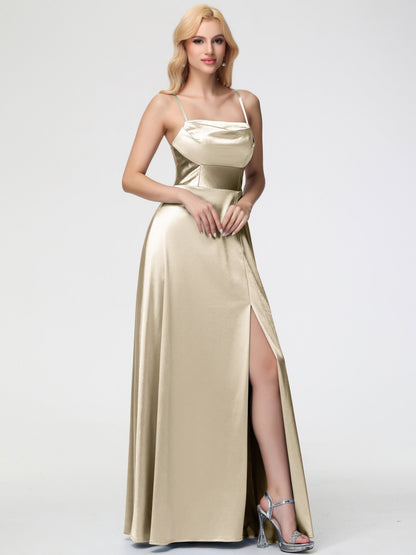 Bridesmaid Dress Champagne Charming Spaghetti Straps A Line Stretch Satin Bridesmaid Dress With Slit