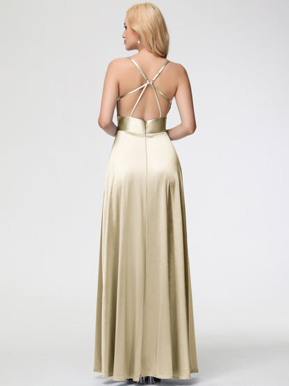 Bridesmaid Dress Champagne Charming Spaghetti Straps A Line Stretch Satin Bridesmaid Dress With Slit