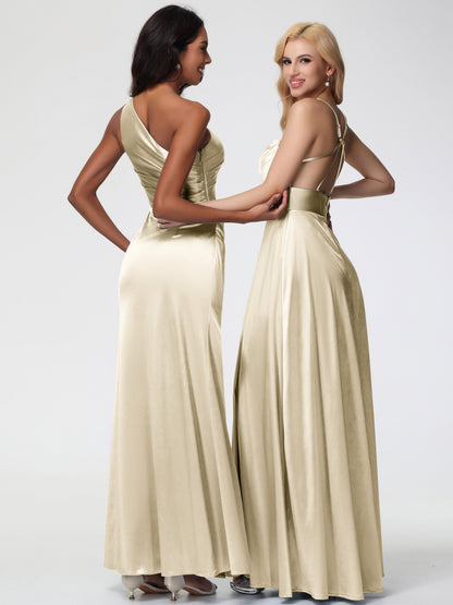 Bridesmaid Dress Champagne Charming Spaghetti Straps A Line Stretch Satin Bridesmaid Dress With Slit