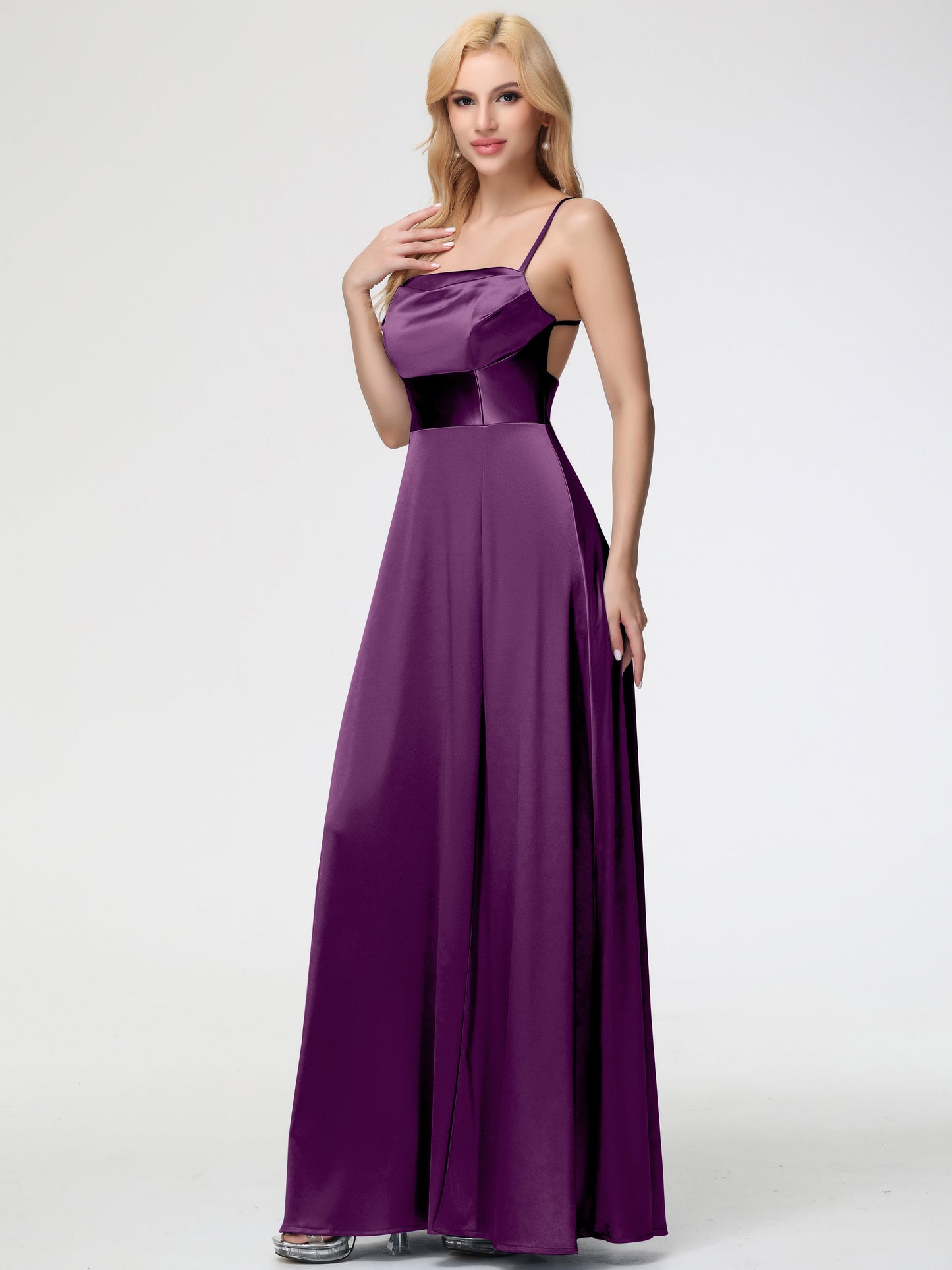 Bridesmaid Dress Grape Charming Spaghetti Straps A Line Stretch Satin Bridesmaid Dress With Slit