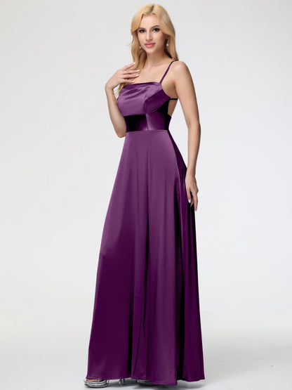 Bridesmaid Dress Grape Charming Spaghetti Straps A Line Stretch Satin Bridesmaid Dress With Slit
