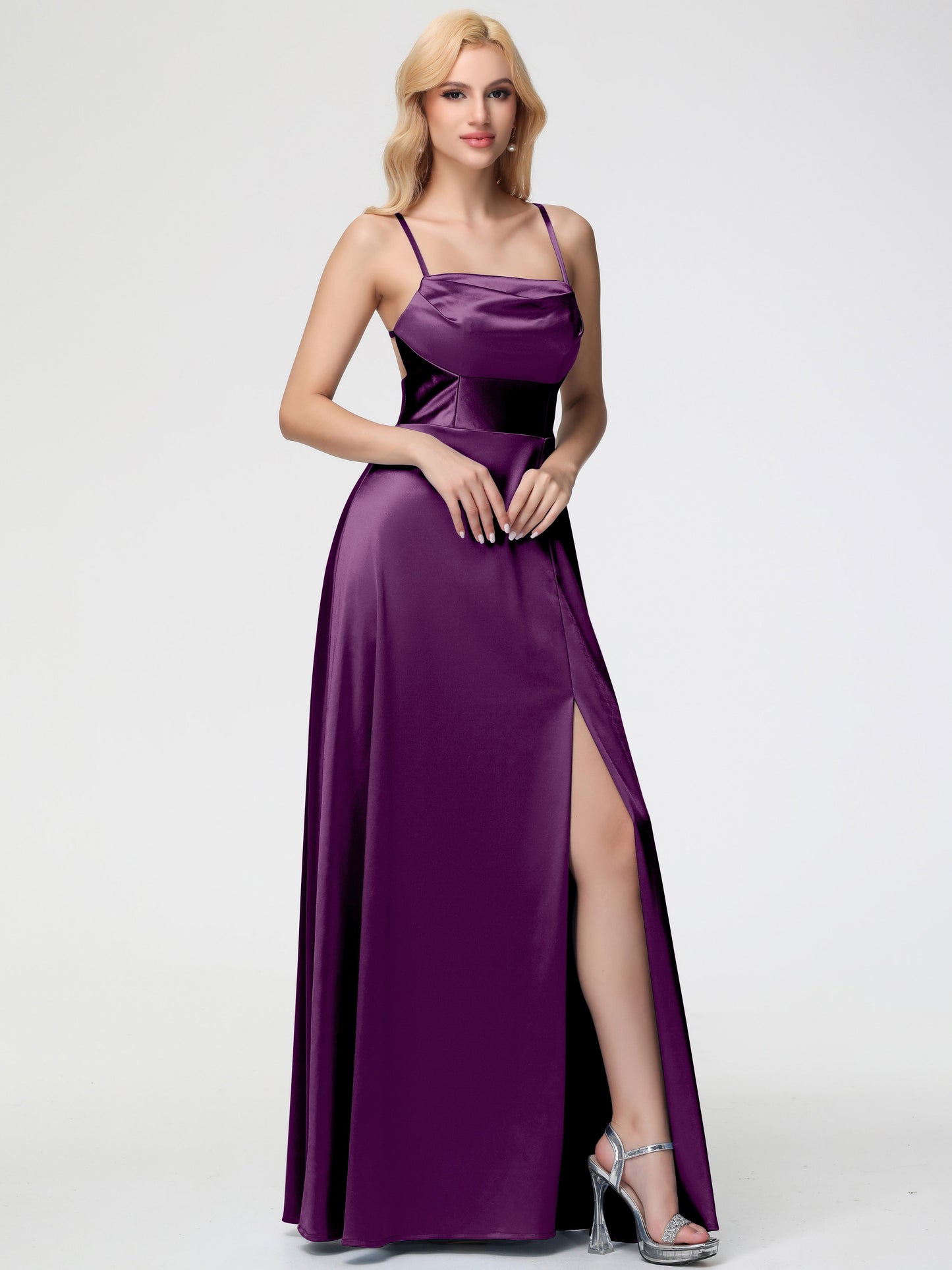 Bridesmaid Dress Grape Charming Spaghetti Straps A Line Stretch Satin Bridesmaid Dress With Slit