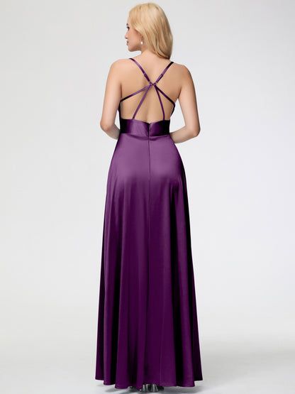 Bridesmaid Dress Grape Charming Spaghetti Straps A Line Stretch Satin Bridesmaid Dress With Slit