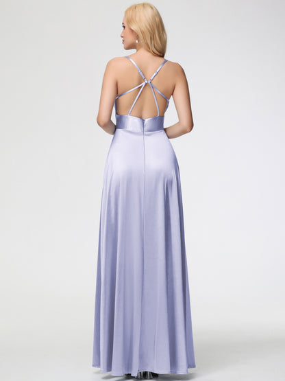 Bridesmaid Dress Lavender Charming Spaghetti Straps A Line Stretch Satin Bridesmaid Dress With Slit