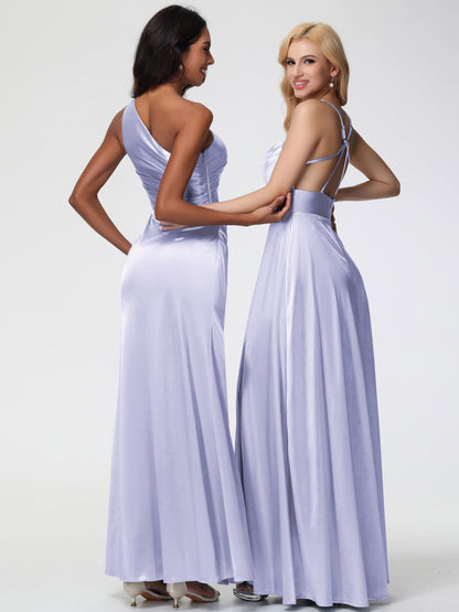 Bridesmaid Dress Lavender Charming Spaghetti Straps A Line Stretch Satin Bridesmaid Dress With Slit