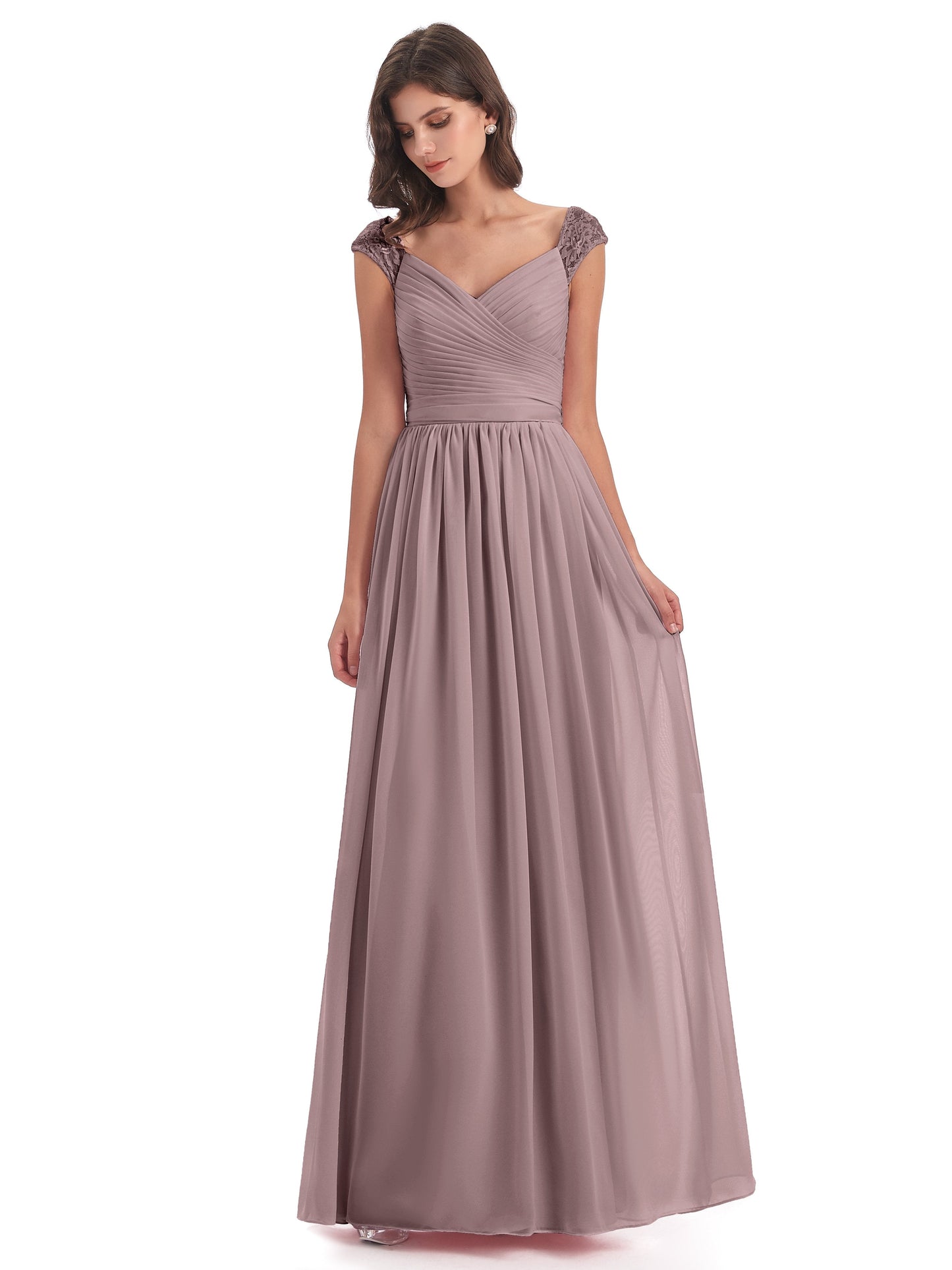 Arely Cap Sleeves Chiffon Long Bridesmaid Dresses