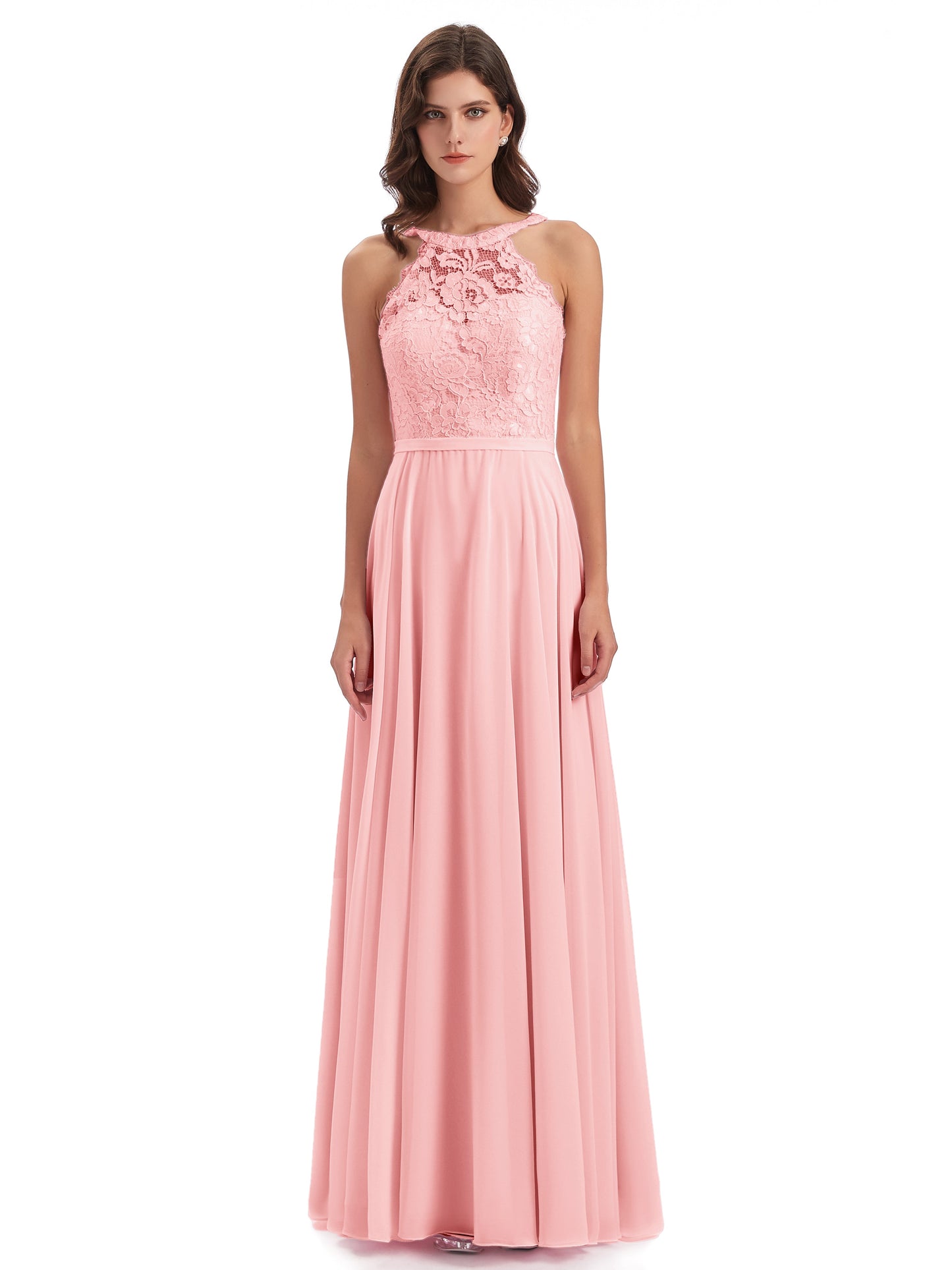 Avery Halter Illusion Lace Long Bridesmaid Dresses