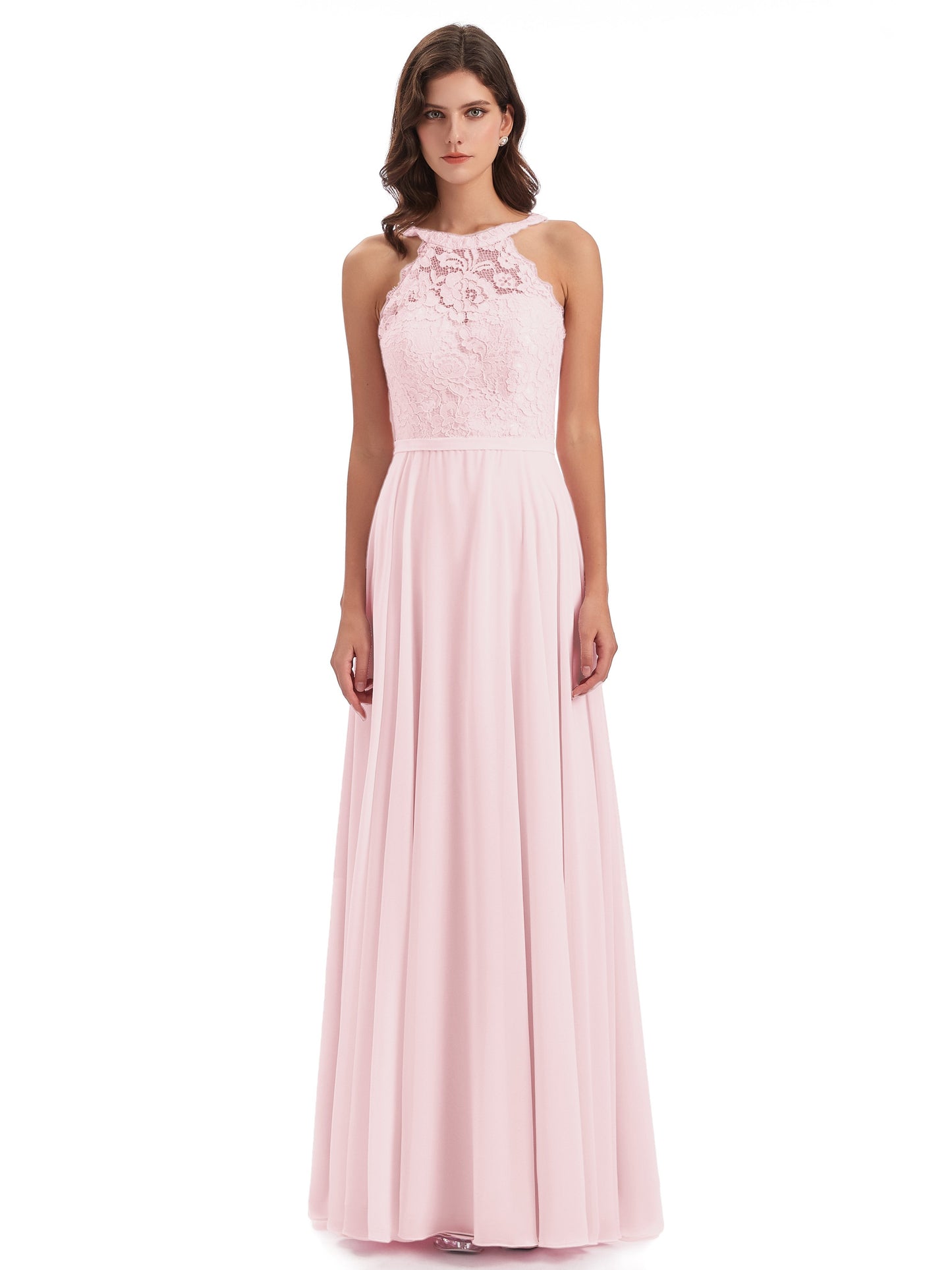 Avery Halter Illusion Lace Long Bridesmaid Dresses