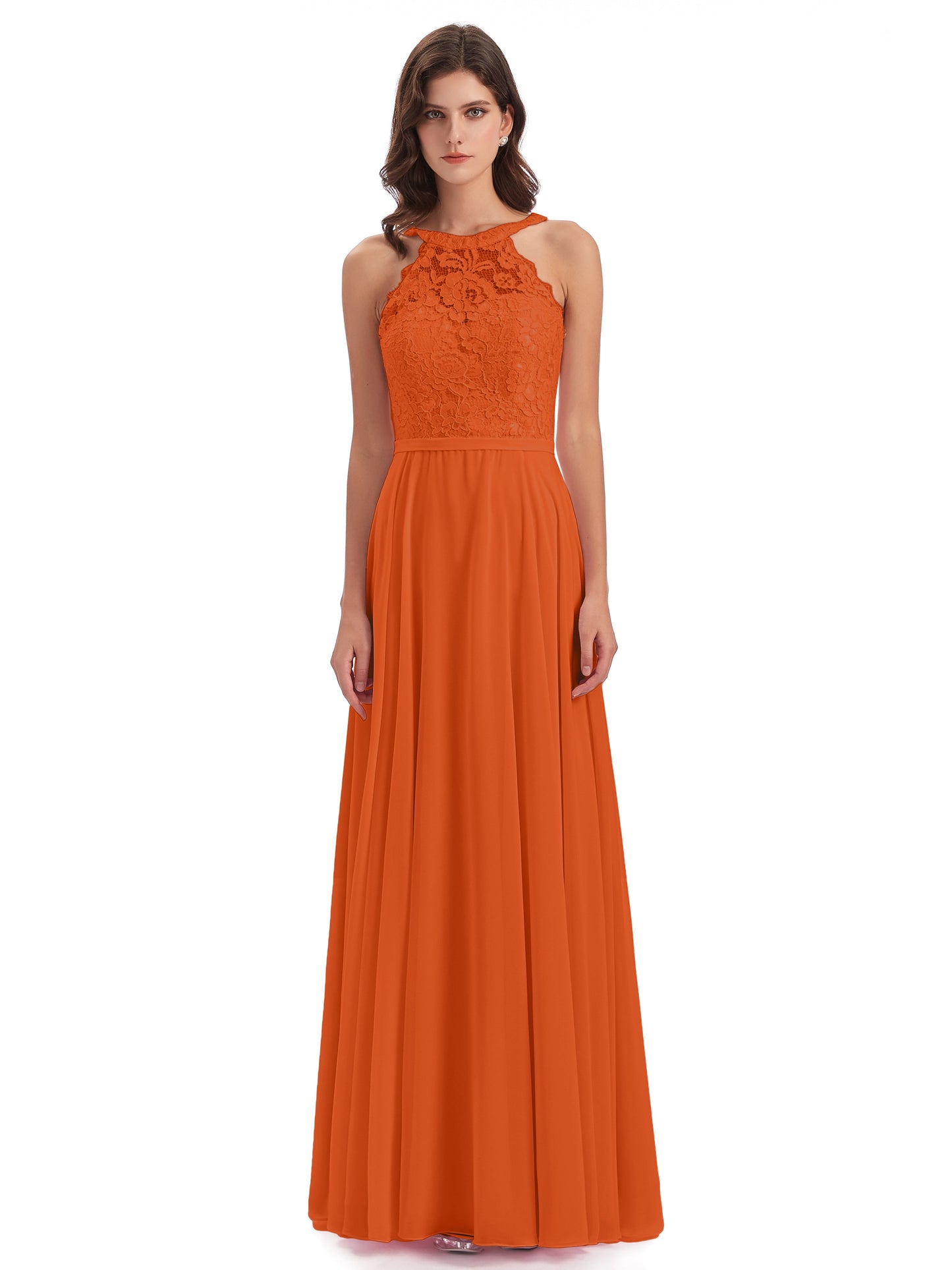 Avery Halter Illusion Lace Long Bridesmaid Dresses