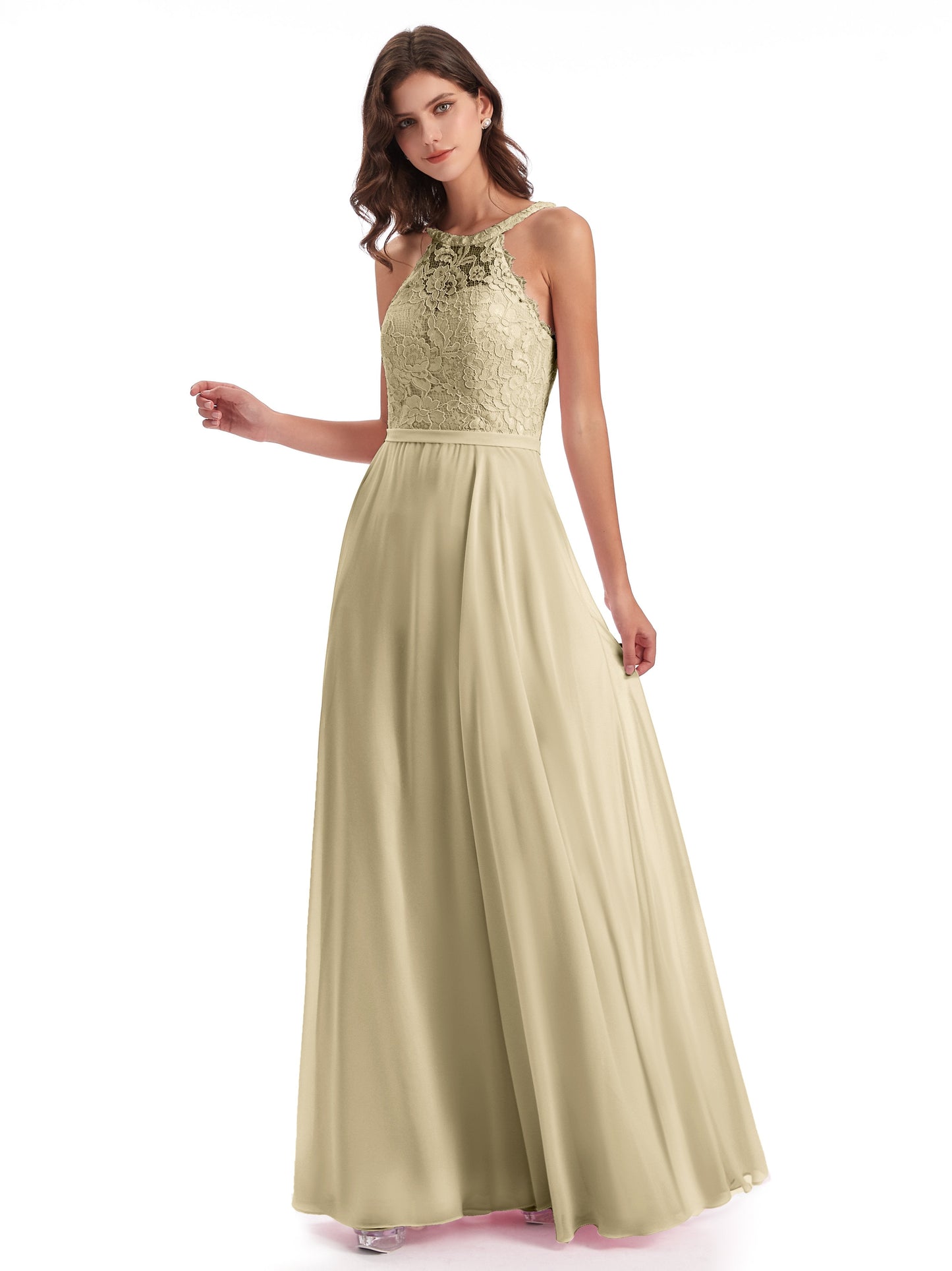 Avery Halter Illusion Lace Long Bridesmaid Dresses