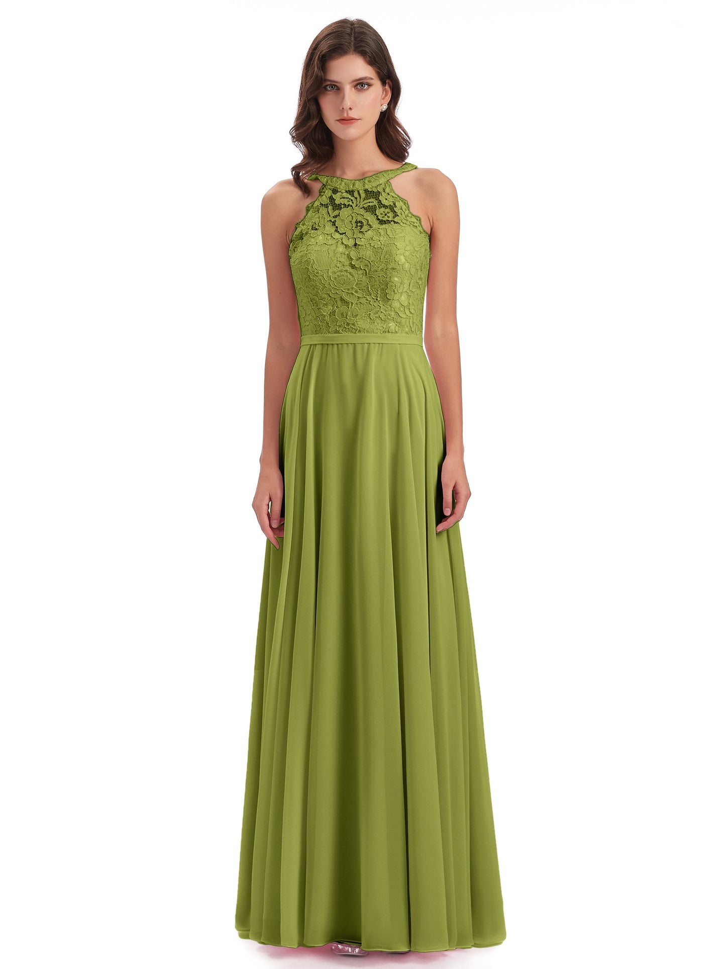 Avery Halter Illusion Lace Long Bridesmaid Dresses