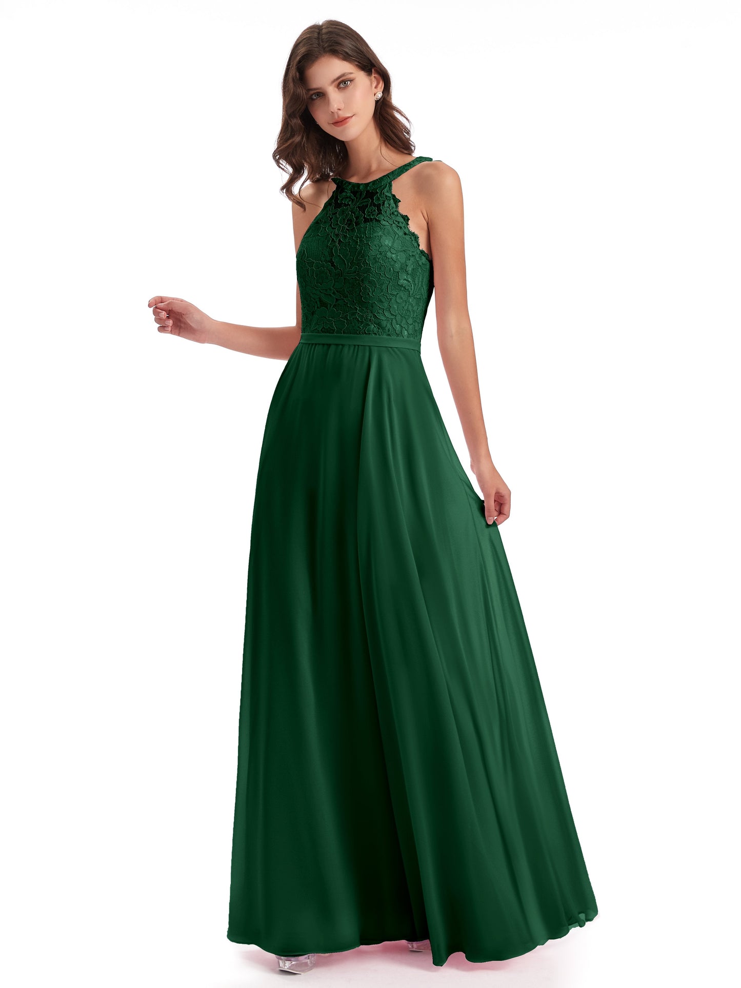 Avery Halter Illusion Lace Long Bridesmaid Dresses