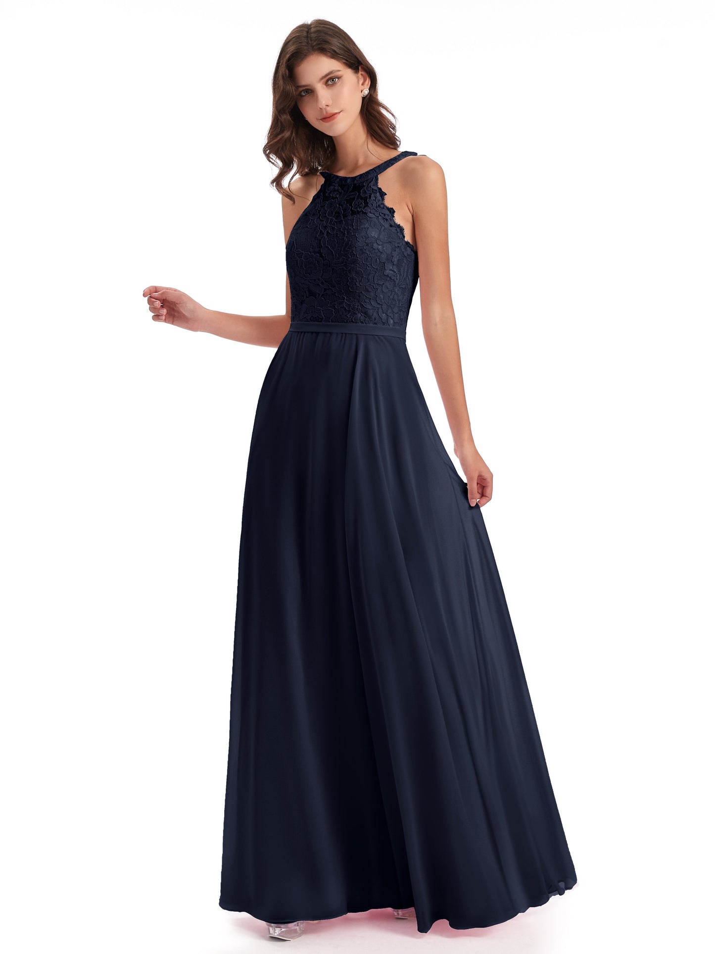 Avery Halter Illusion Lace Long Bridesmaid Dresses