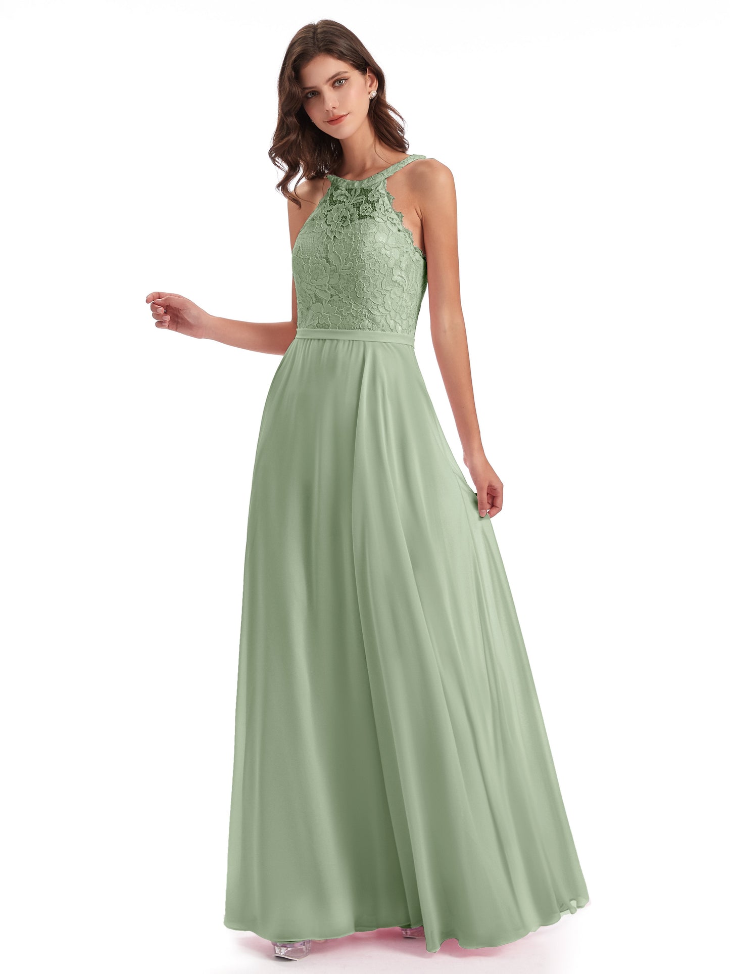 Avery Halter Illusion Lace Long Bridesmaid Dresses