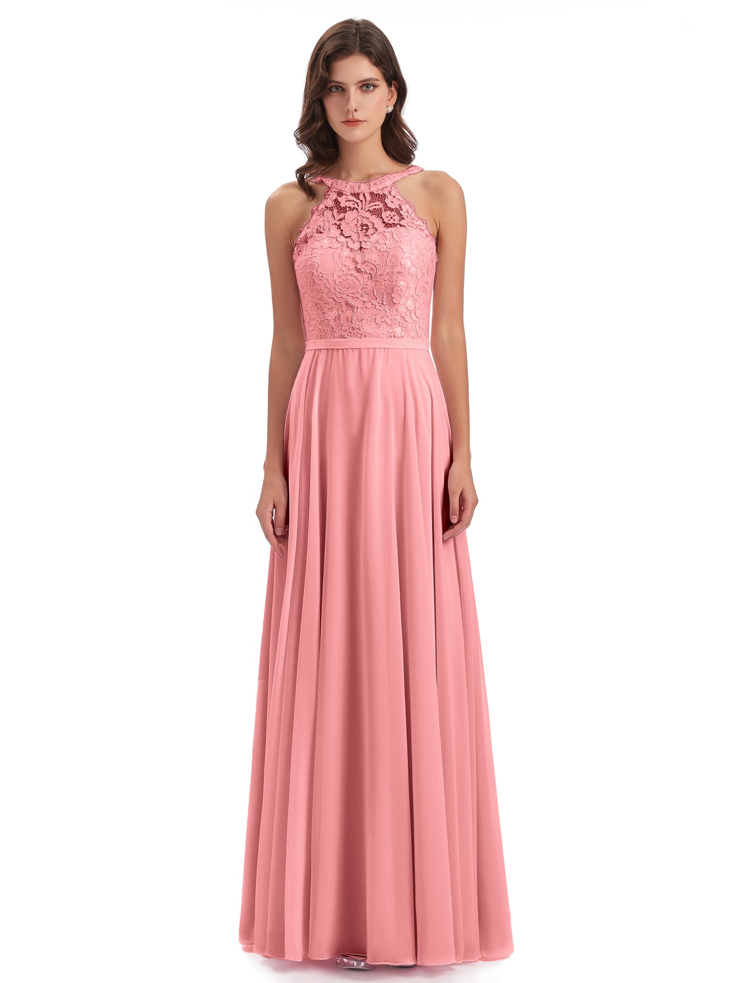 Avery Halter Illusion Lace Long Bridesmaid Dresses