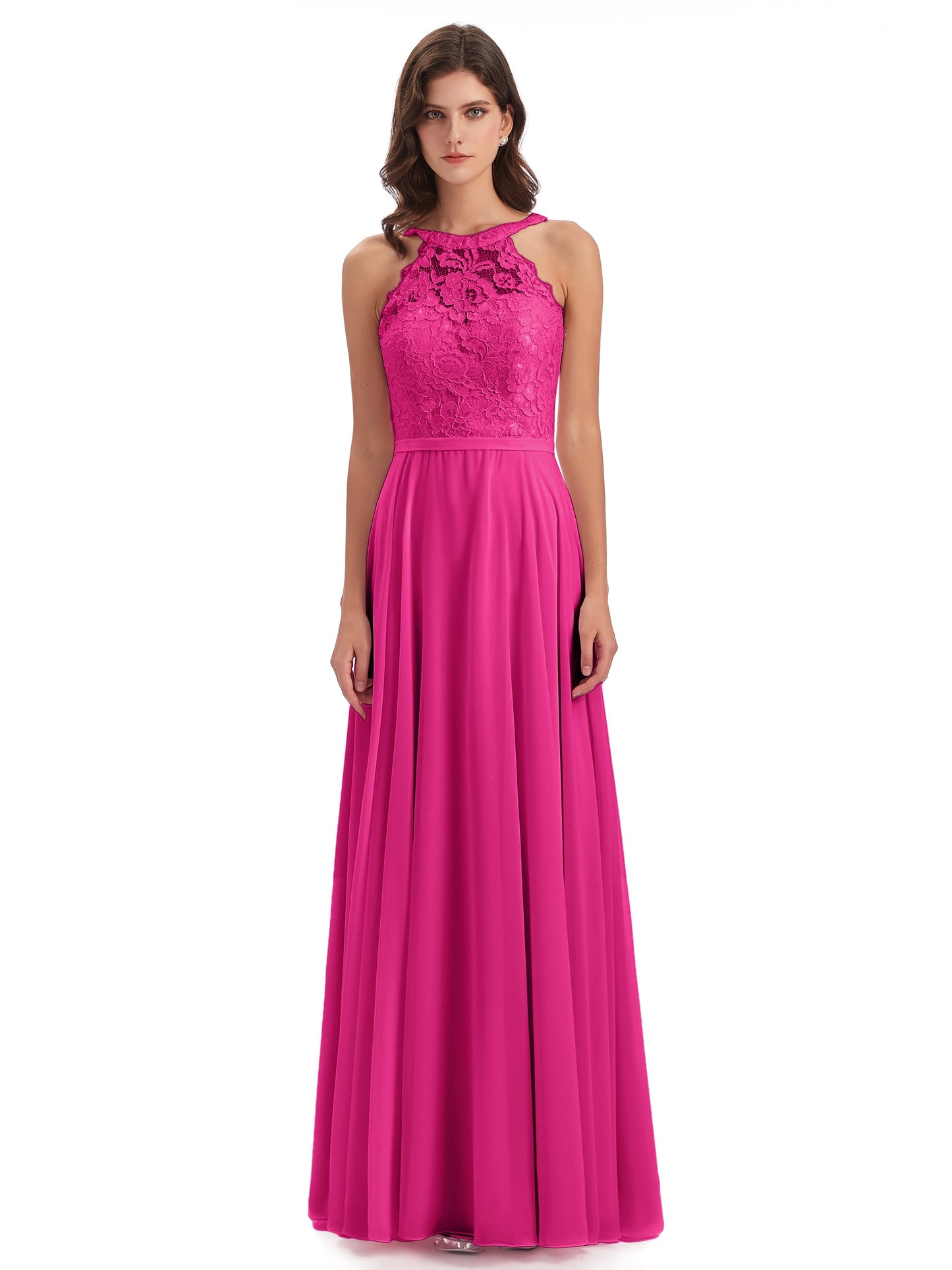 Avery Halter Illusion Lace Long Bridesmaid Dresses
