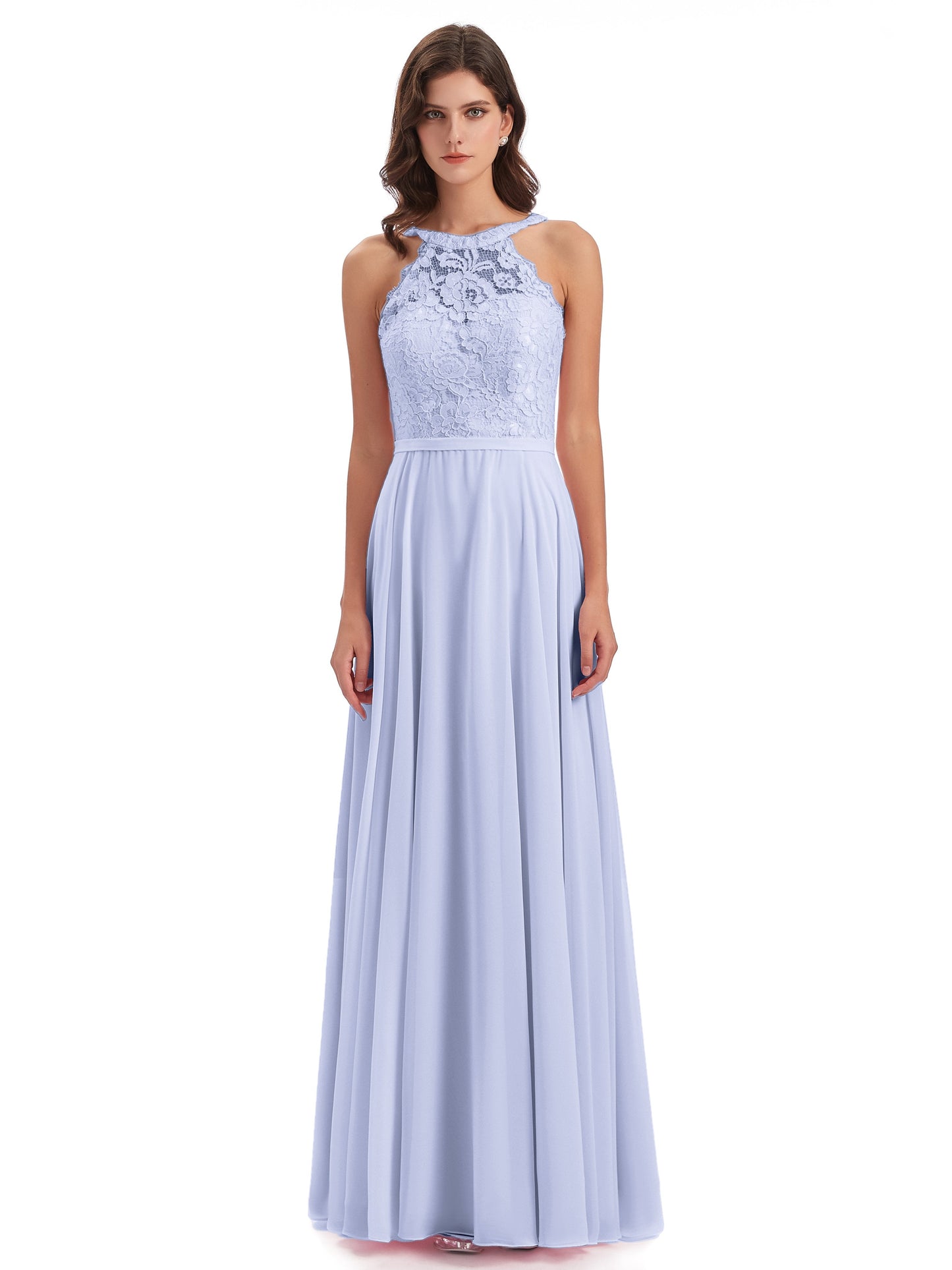 Avery Halter Illusion Lace Long Bridesmaid Dresses