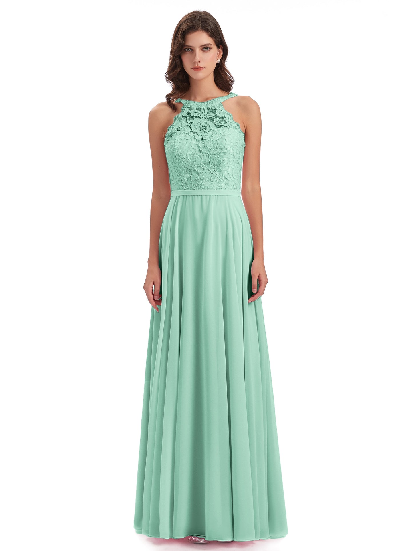 Avery Halter Illusion Lace Long Bridesmaid Dresses