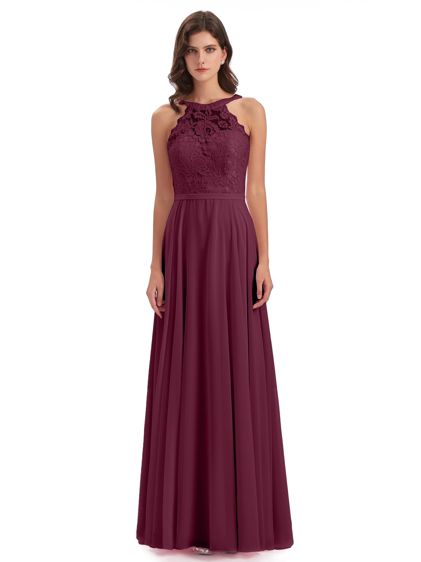 Avery Halter Illusion Lace Long Bridesmaid Dresses