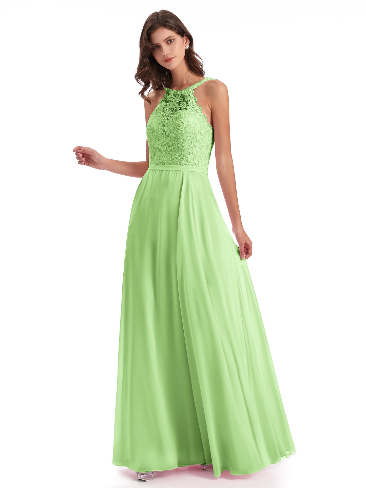 Avery Halter Illusion Lace Long Bridesmaid Dresses