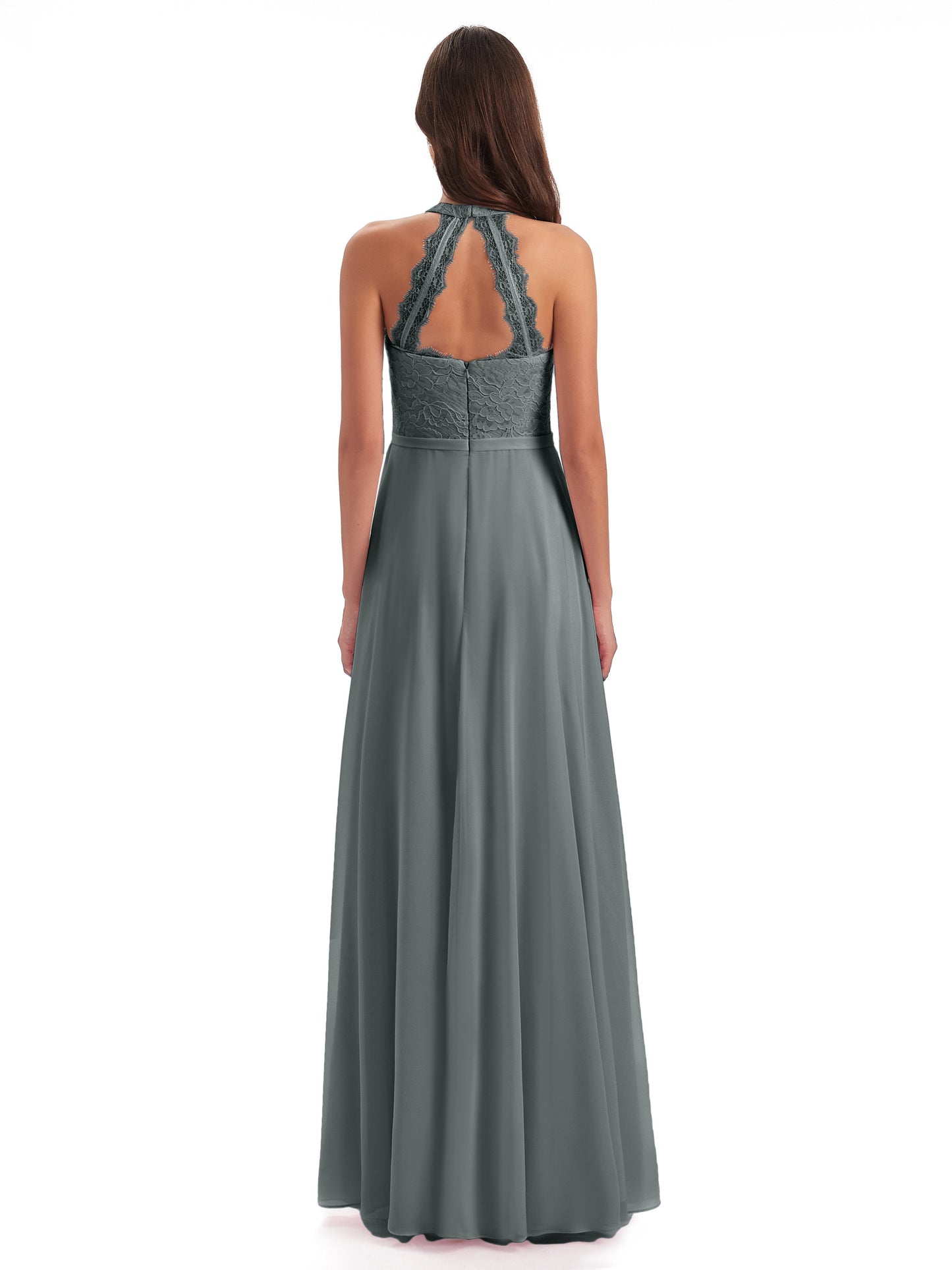 Avery Halter Illusion Lace Long Bridesmaid Dresses