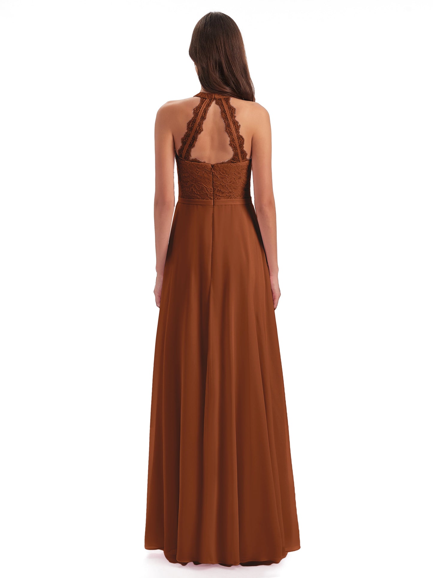 Avery Halter Illusion Lace Long Bridesmaid Dresses