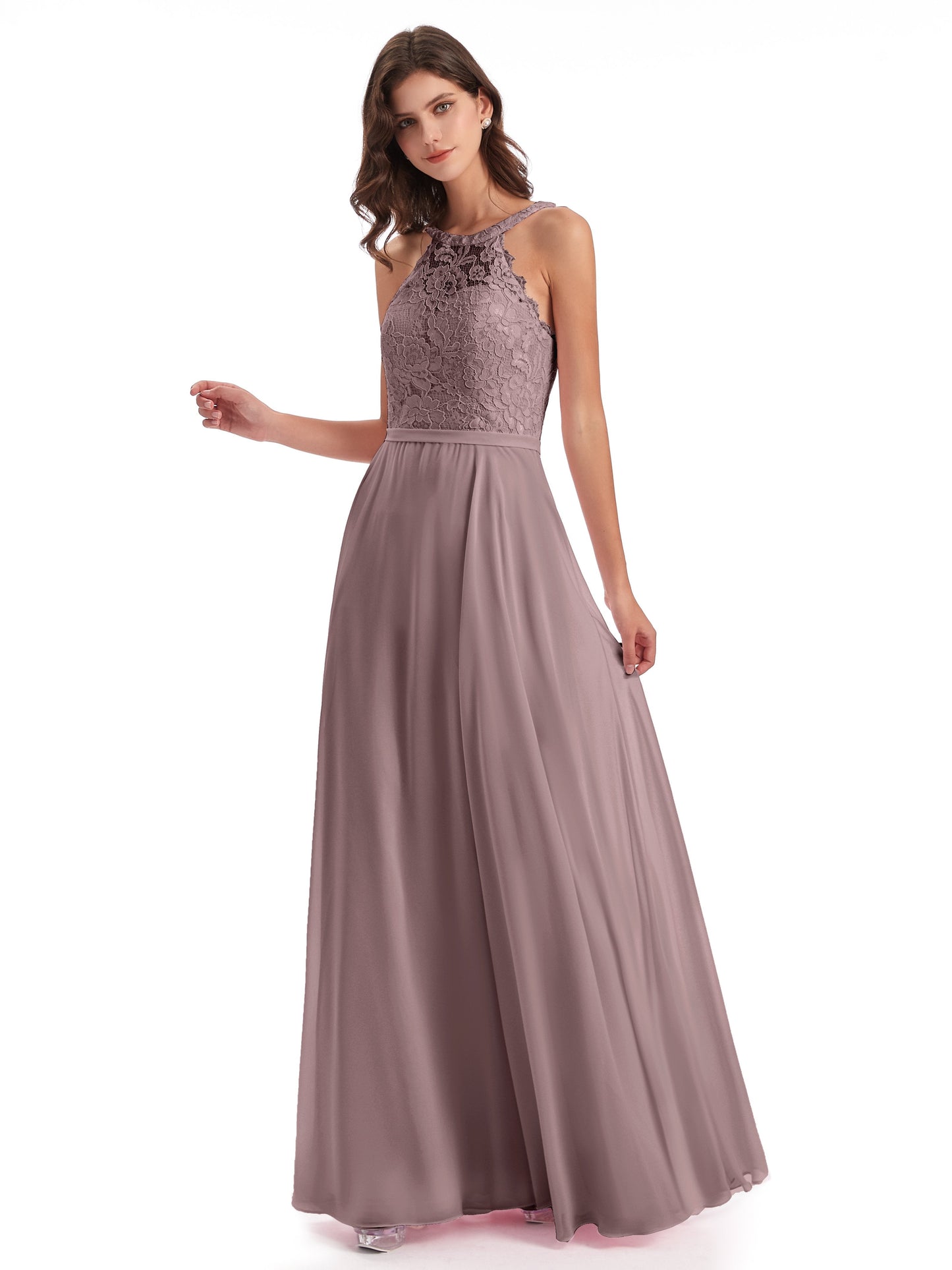 Avery Halter Illusion Lace Long Bridesmaid Dresses