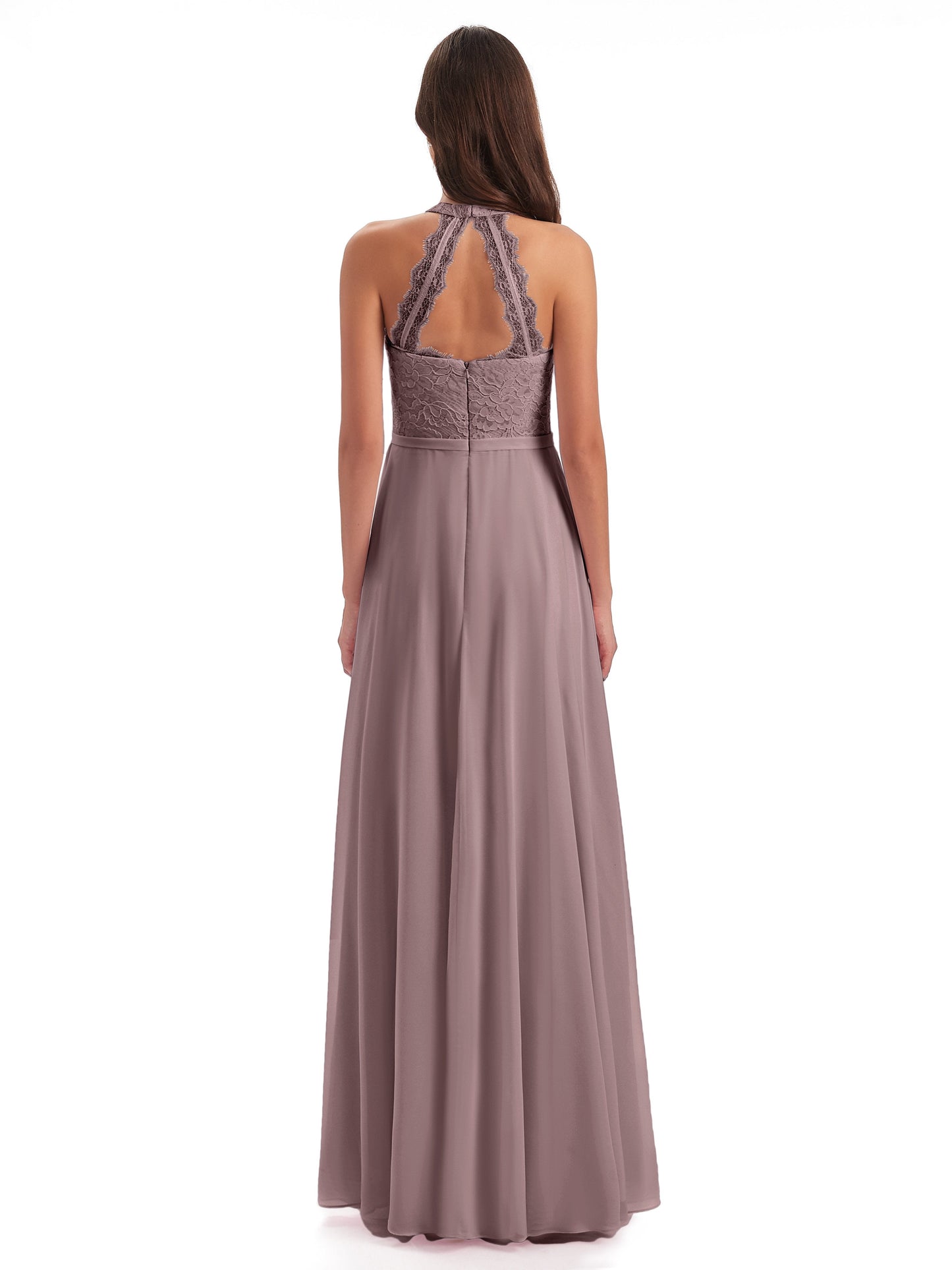 Avery Halter Illusion Lace Long Bridesmaid Dresses