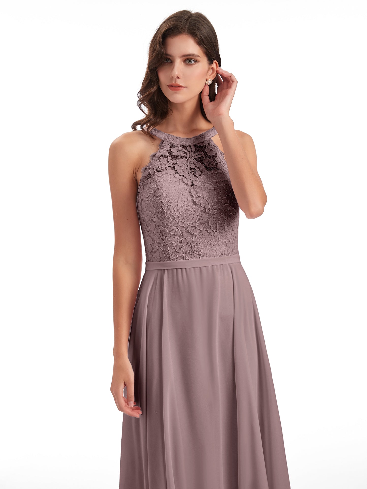 Avery Halter Illusion Lace Long Bridesmaid Dresses