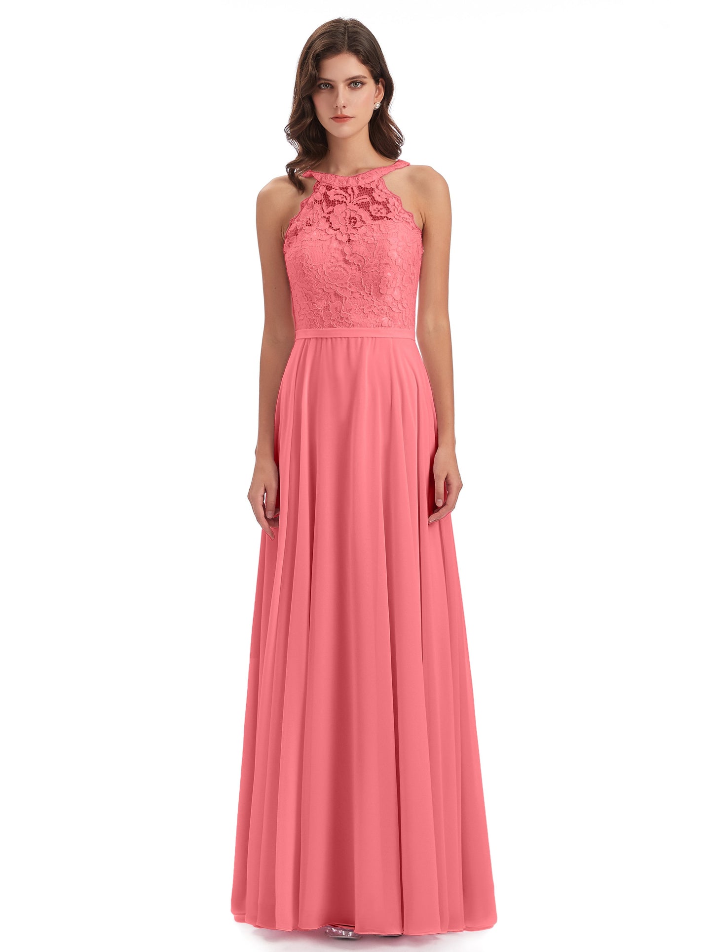 Avery Halter Illusion Lace Long Bridesmaid Dresses