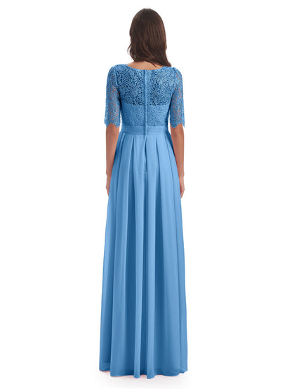Brielle Illussion Neckline and Back Half Sleeves Scoop Lace Bridesmaid Dresses