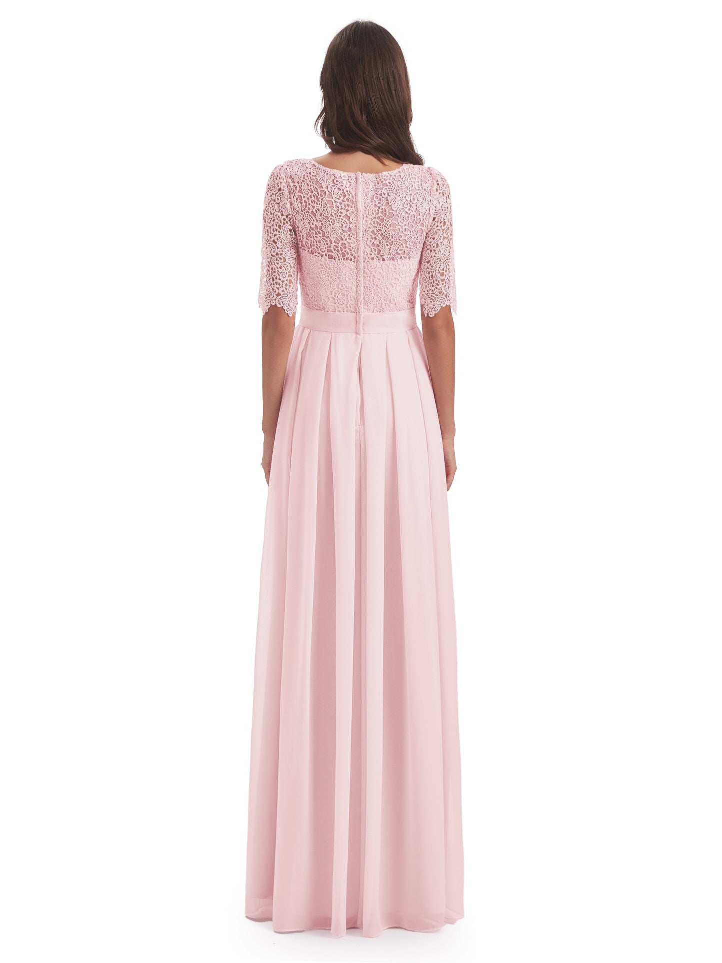 Brielle Illussion Neckline and Back Half Sleeves Scoop Lace Bridesmaid Dresses
