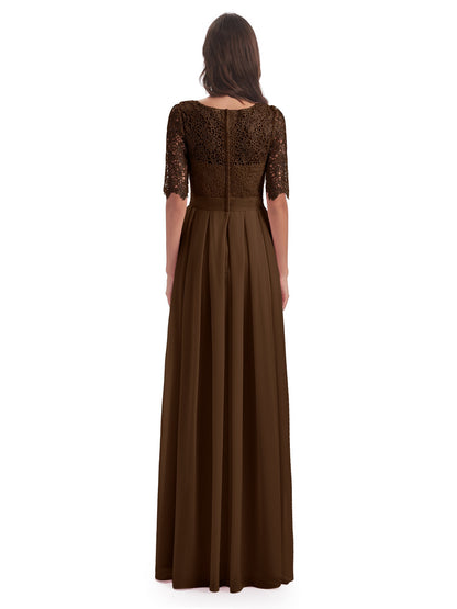 Brielle Illussion Neckline and Back Half Sleeves Scoop Lace Bridesmaid Dresses