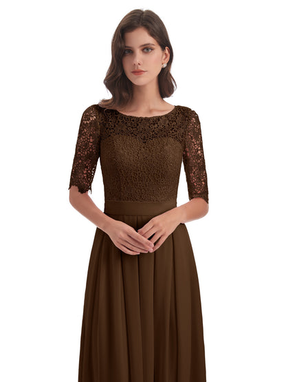 Brielle Illussion Neckline and Back Half Sleeves Scoop Lace Bridesmaid Dresses