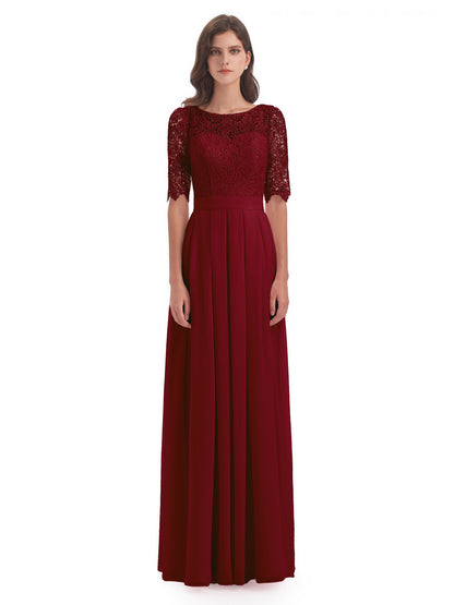Brielle Illussion Neckline and Back Half Sleeves Scoop Lace Bridesmaid Dresses