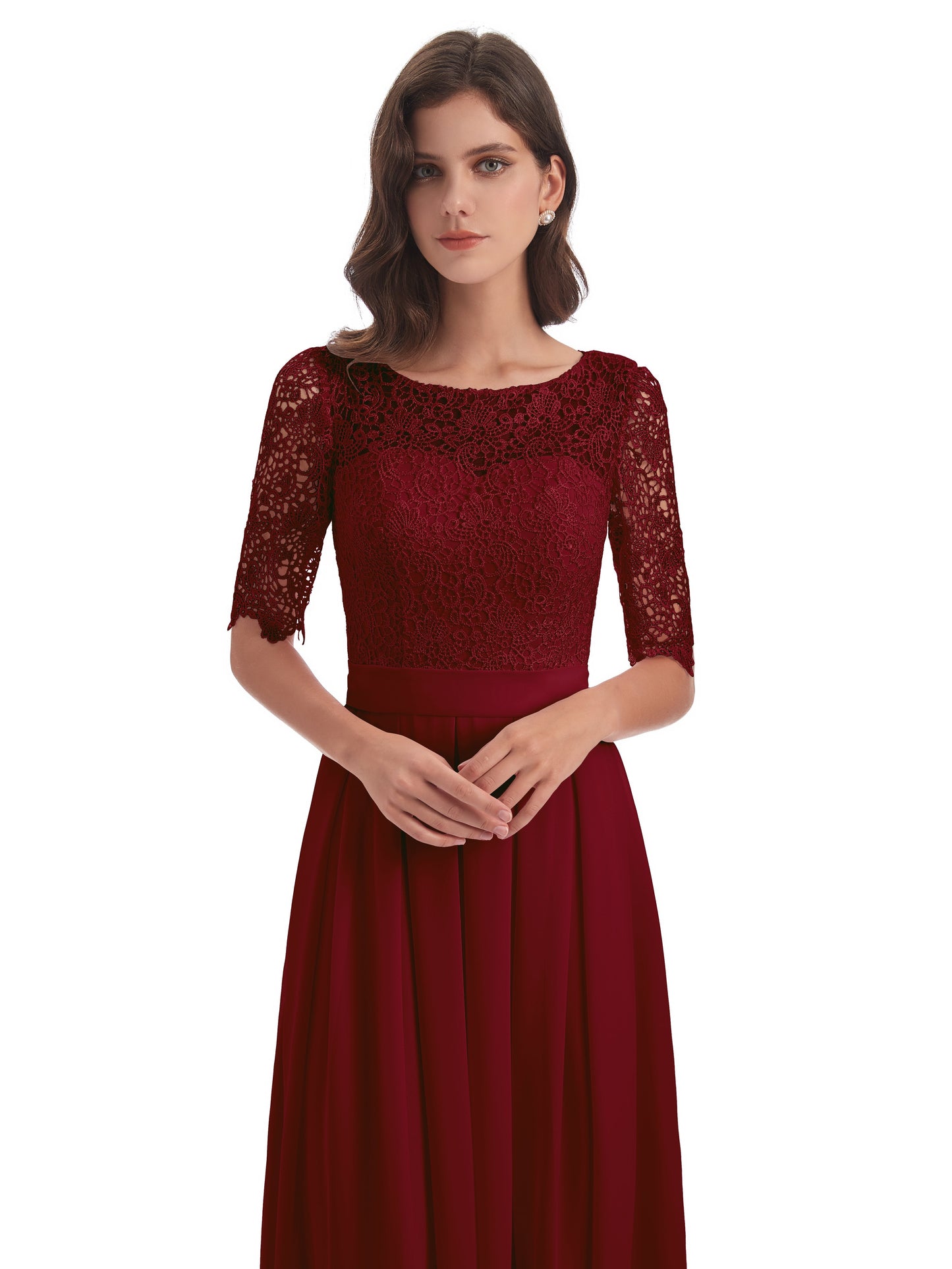 Brielle Illussion Neckline and Back Half Sleeves Scoop Lace Bridesmaid Dresses