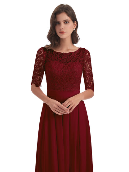 Brielle Illussion Neckline and Back Half Sleeves Scoop Lace Bridesmaid Dresses