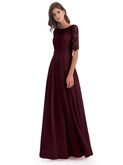 Brielle Illussion Neckline and Back Half Sleeves Scoop Lace Bridesmaid Dresses