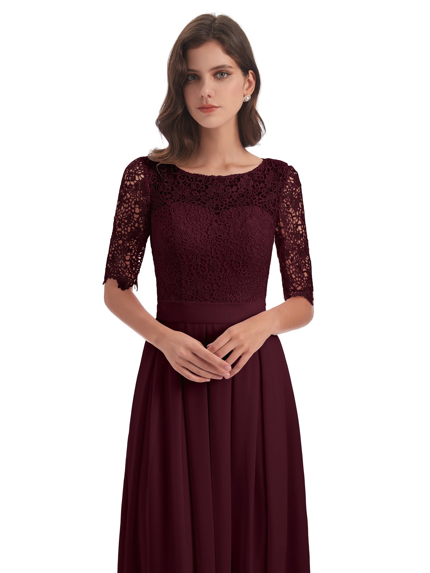 Brielle Illussion Neckline and Back Half Sleeves Scoop Lace Bridesmaid Dresses