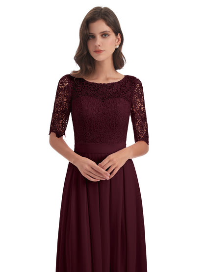 Brielle Illussion Neckline and Back Half Sleeves Scoop Lace Bridesmaid Dresses