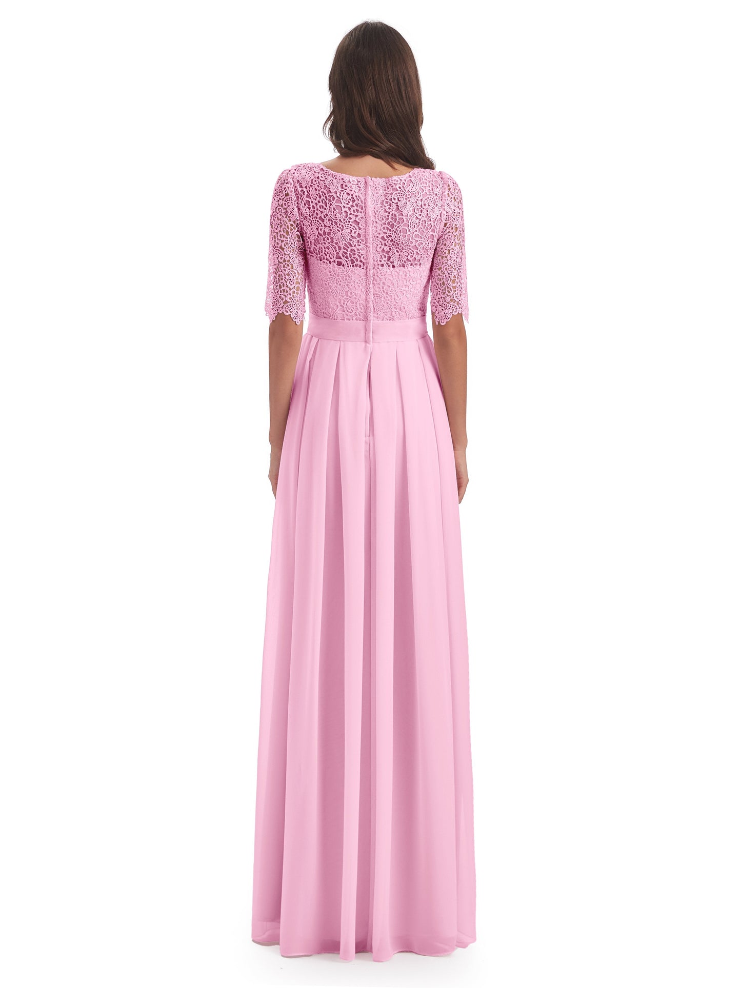 Brielle Illussion Neckline and Back Half Sleeves Scoop Lace Bridesmaid Dresses
