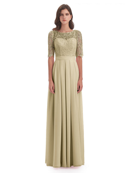 Brielle Illussion Neckline and Back Half Sleeves Scoop Lace Bridesmaid Dresses