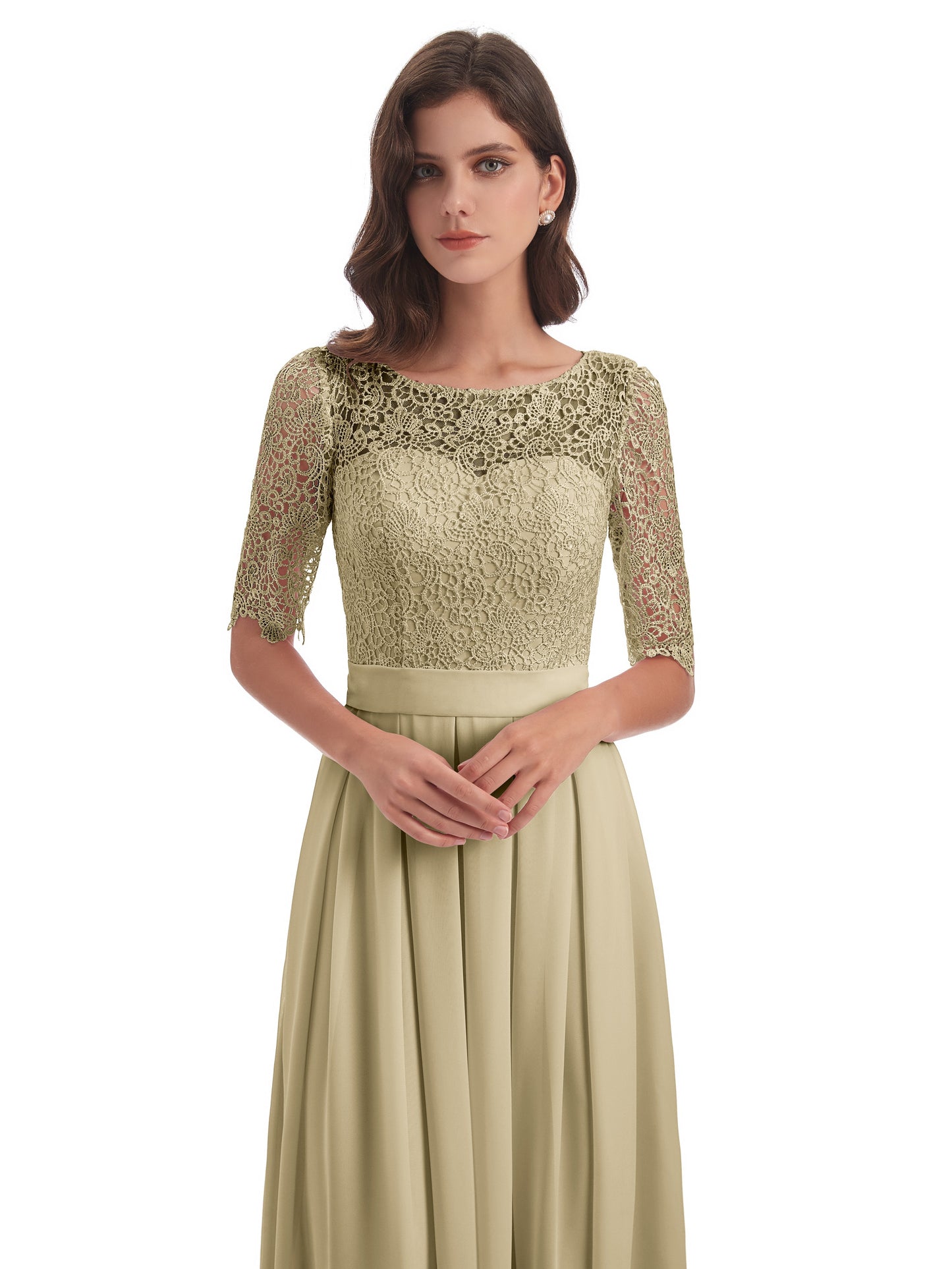 Brielle Illussion Neckline and Back Half Sleeves Scoop Lace Bridesmaid Dresses