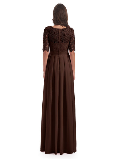 Brielle Illussion Neckline and Back Half Sleeves Scoop Lace Bridesmaid Dresses