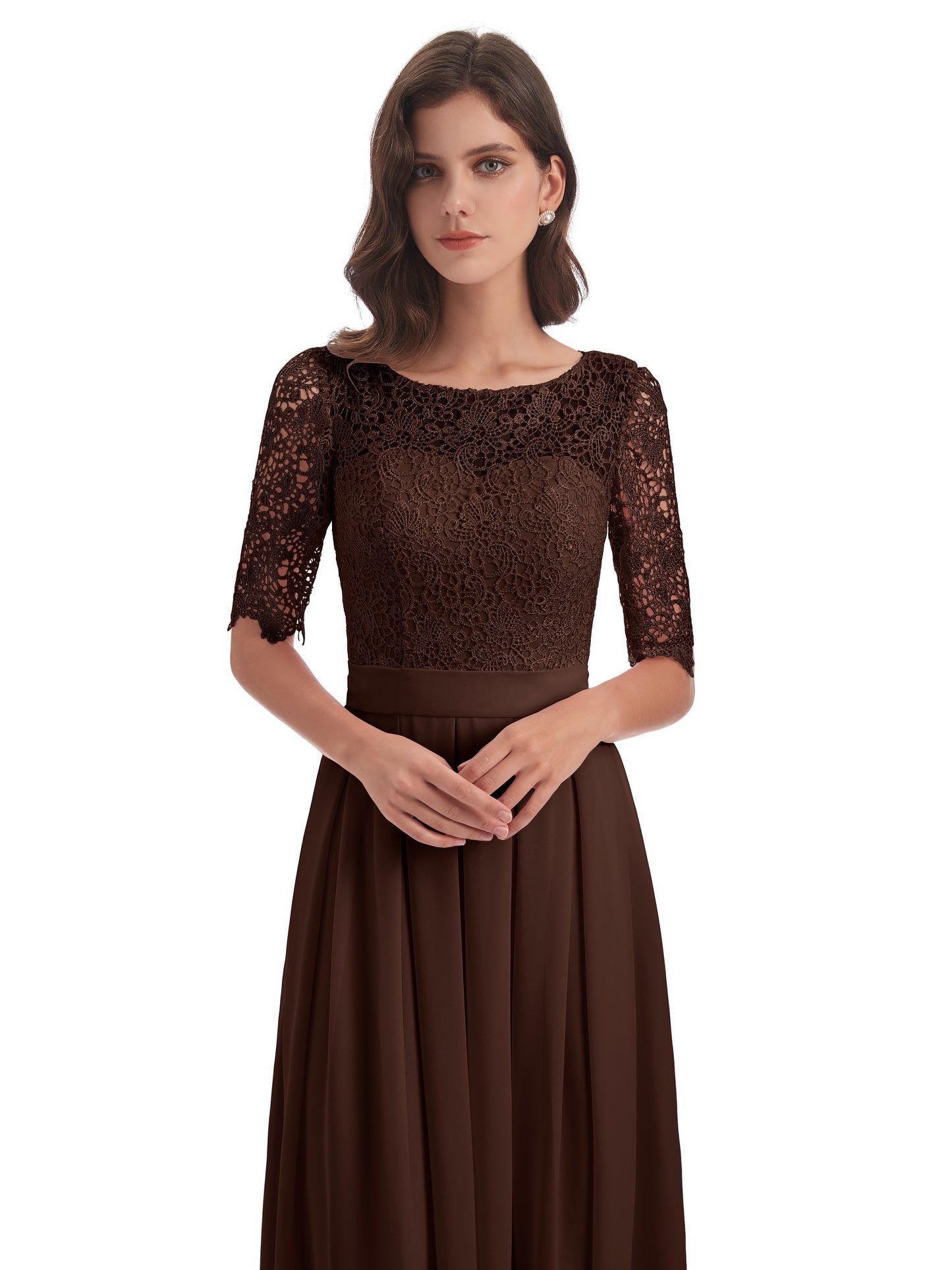 Brielle Illussion Neckline and Back Half Sleeves Scoop Lace Bridesmaid Dresses