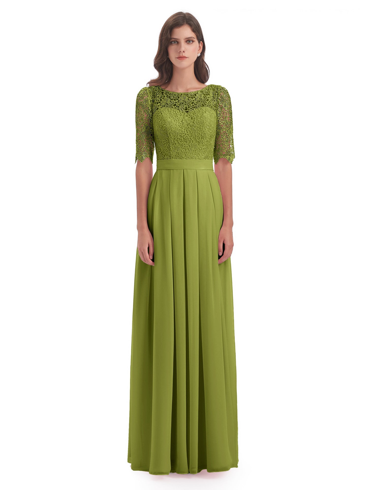 Brielle Illussion Neckline and Back Half Sleeves Scoop Lace Bridesmaid Dresses