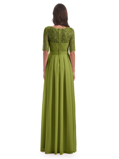 Brielle Illussion Neckline and Back Half Sleeves Scoop Lace Bridesmaid Dresses